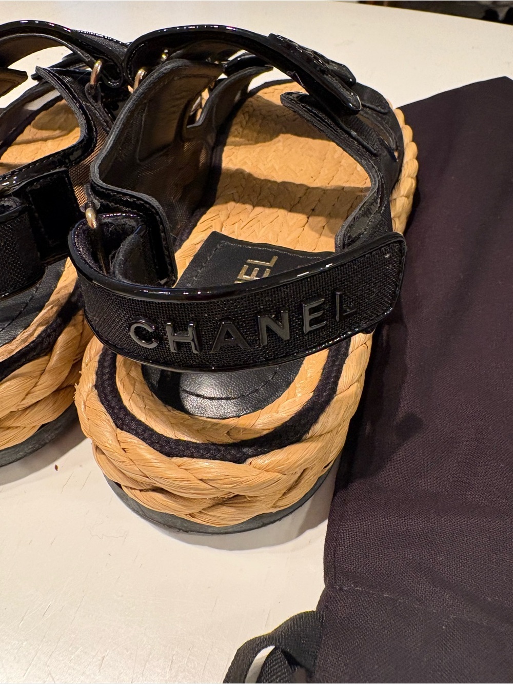 CHANEL Black Canvas and Natural Rope Espadrille Sandals - Picture 7 of 11